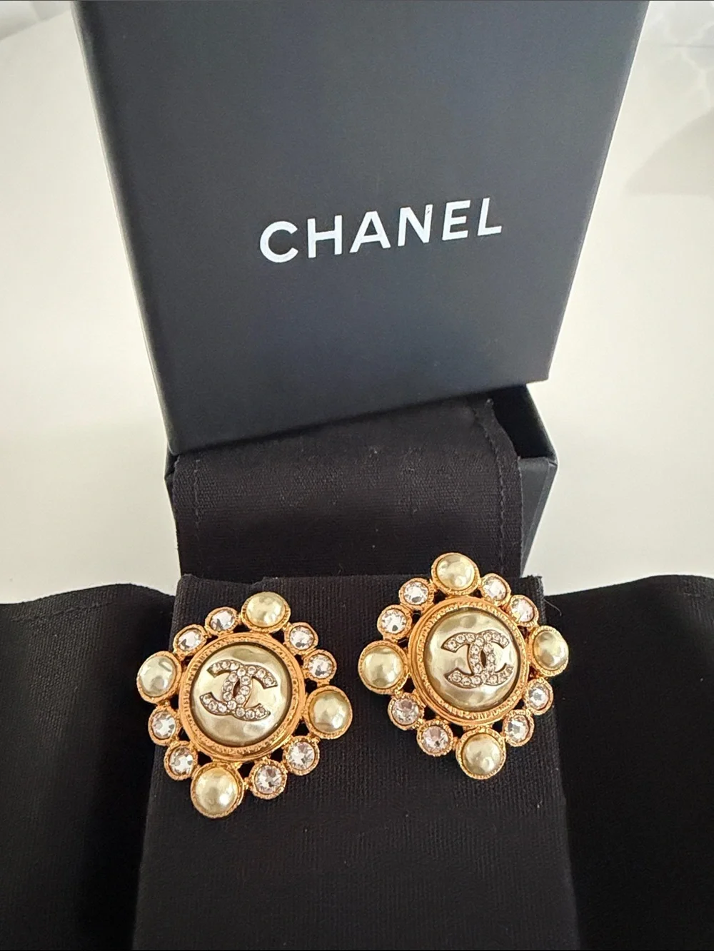 CHANEL 24K Gold Plated Pearl & Crystal CC Earrings